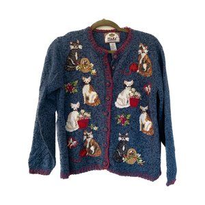 Vintage Cat Design Embroidered Cardigan Sweater Tiara International 2003
